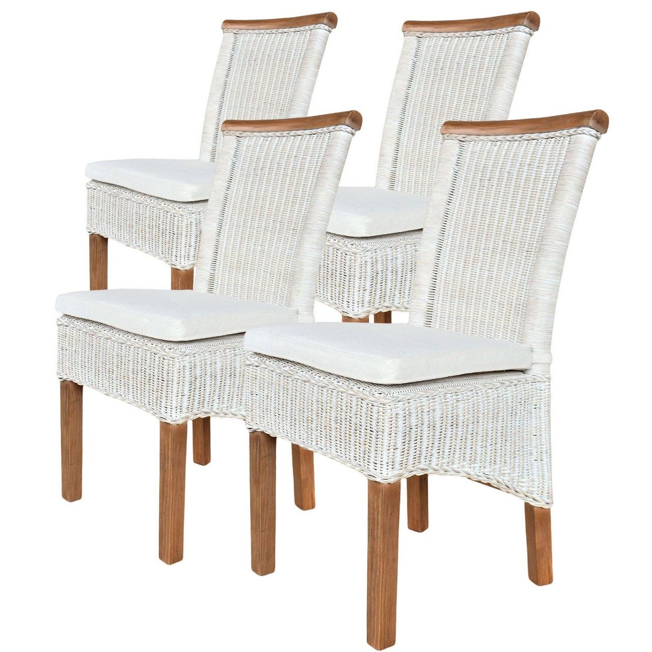 Esszimmer Stühle Set Rattanstühle Perth 4 Stück weiß Esstisch Stühle Korbstühle nachhaltig mit Sitzkissen