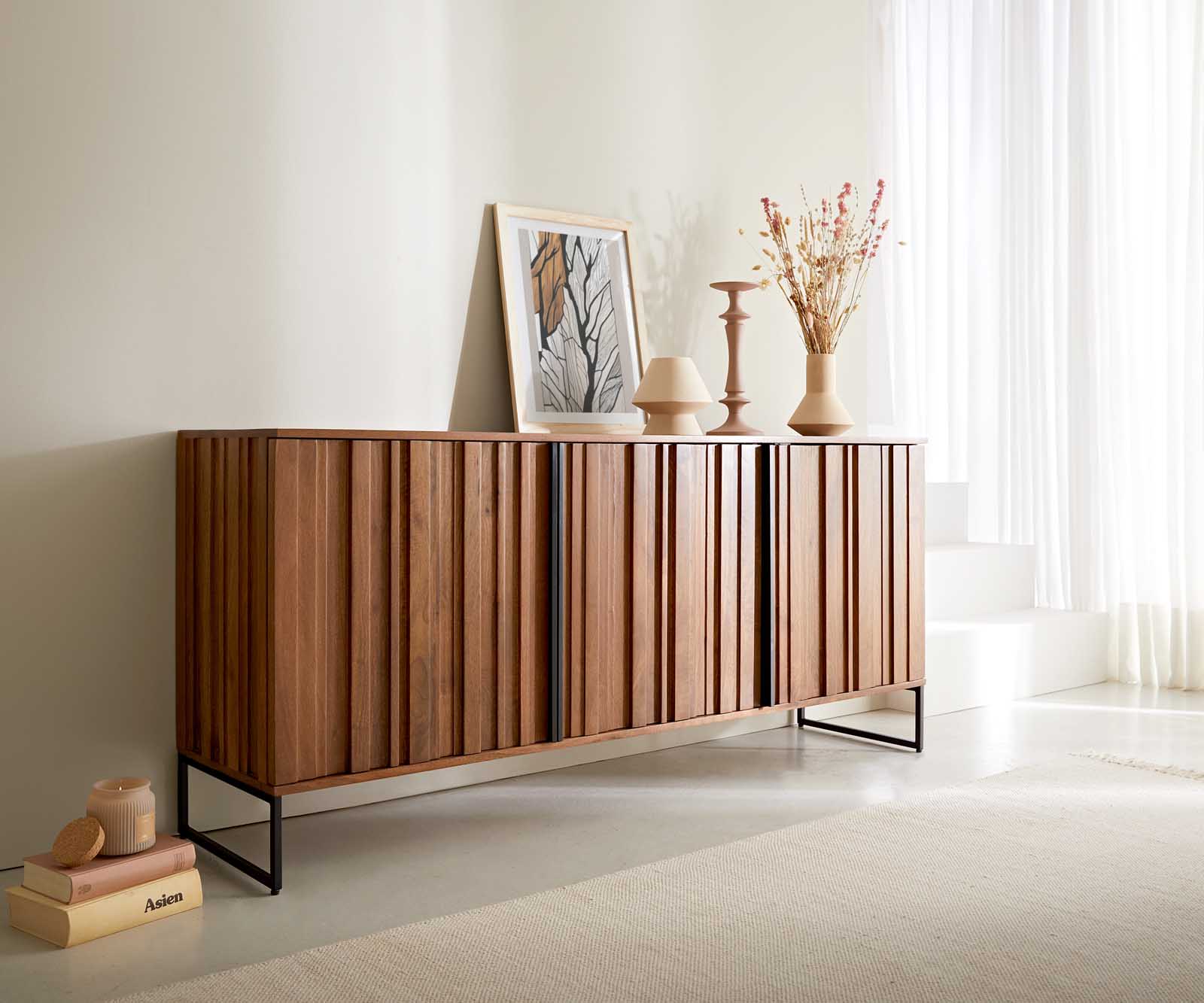 DELIFE Sideboard Sivela 165 cm Mango Braun Metall Schwarz 3 Türen, Sideboards