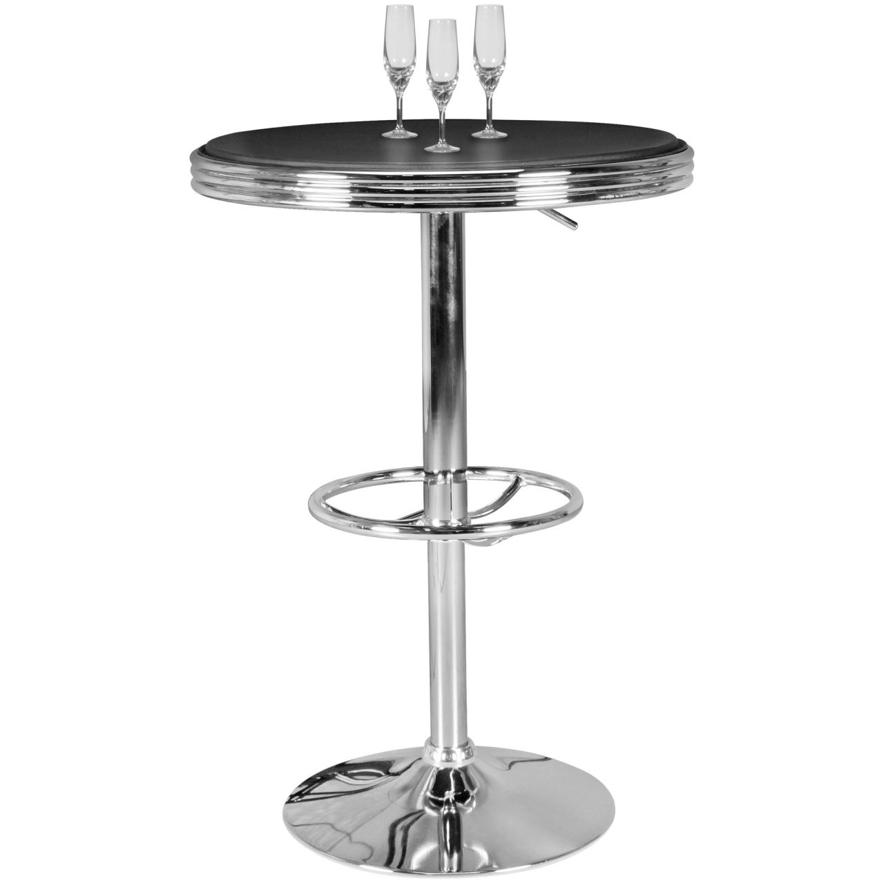 American Diner Bartisch rund Ø 60 cm Aluminium Kunstlederbezug, Retro Stehtisch USA in Schwarz/Silber, Robuster Bistrotisch im Stil der 50er Jahre, Partytisch mit Untergestell Alu