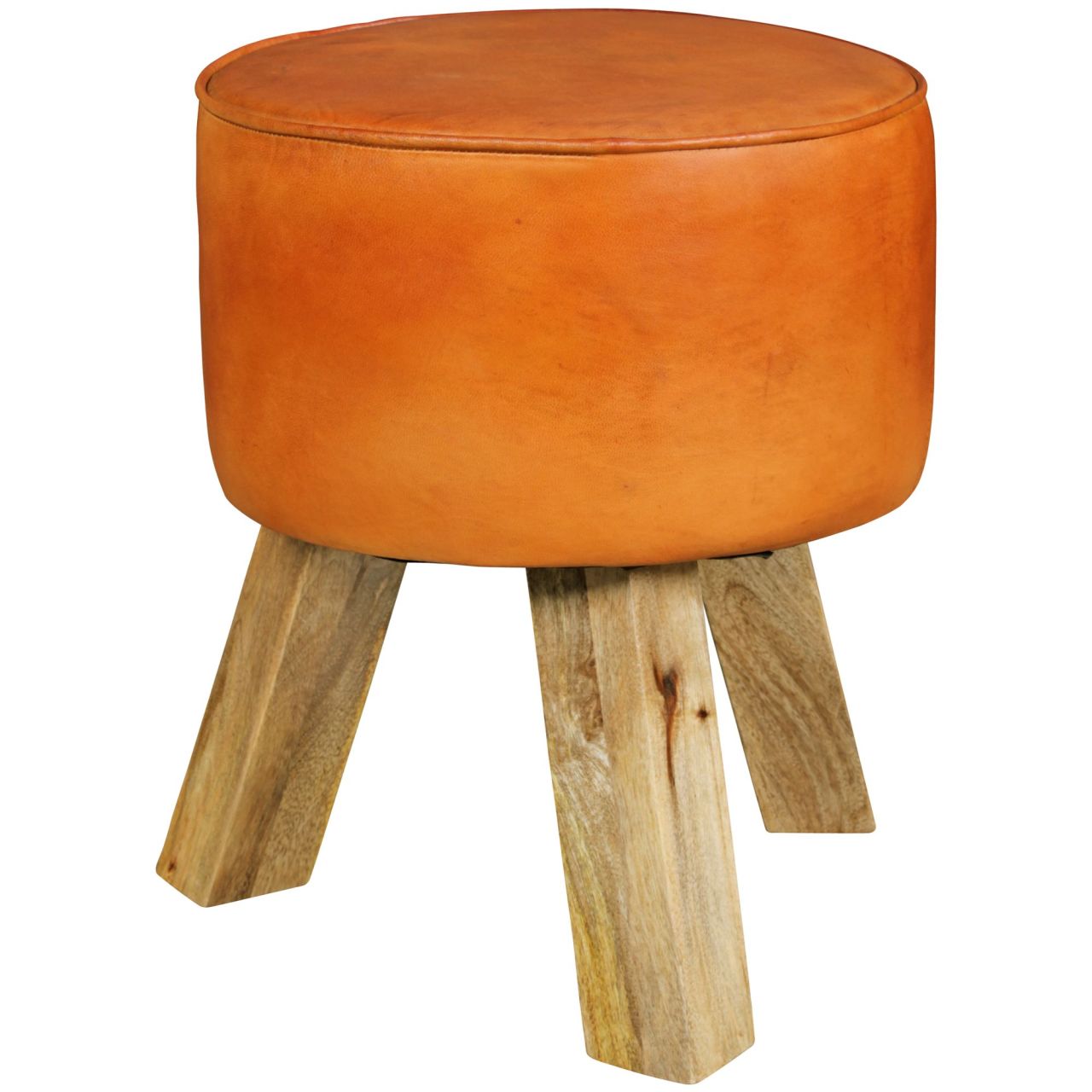 Design Sitzhocker WL5.102 Holz 37x45x37 cm Modern Fußhocker Rund, Turnbock Lederhocker Holzbeine, Kleiner Hocker Massivholz mit Leder Gepolstert , Holzhocker mit Echtleder Braun