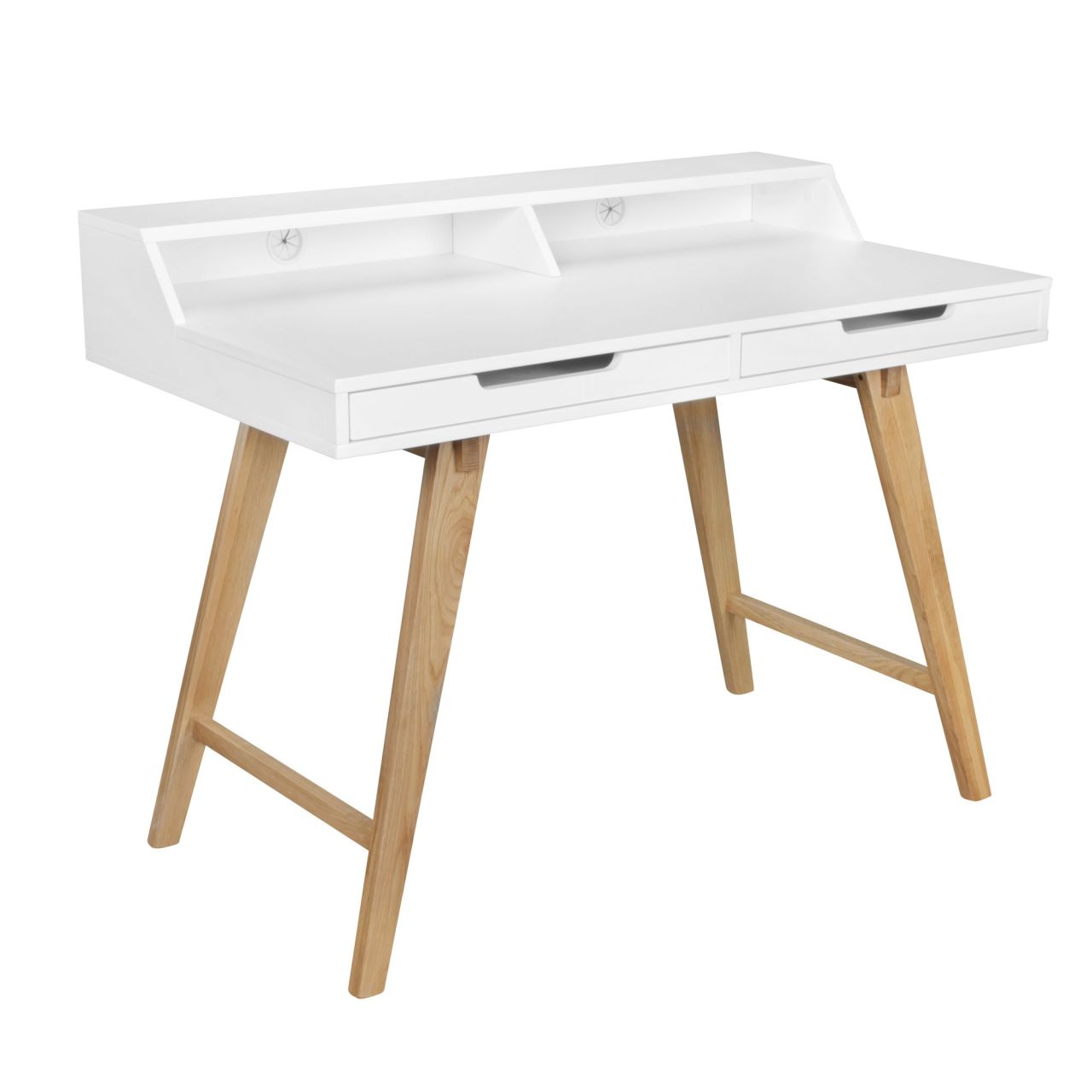 Schreibtisch 110 x 85 x 60 cm MDF-Holz skandinavisch weiß matt Arbeitstisch, Design Laptoptisch mit Kabeldurchlass, Bürotisch mit Eiche-Beinen