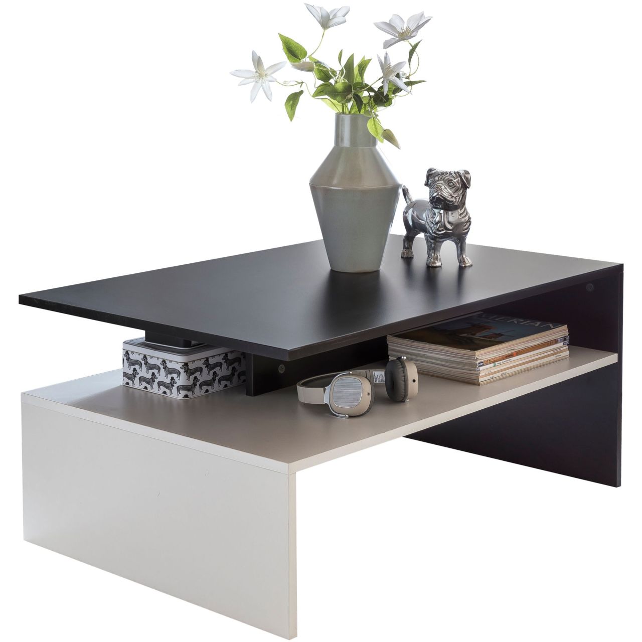 Wohnzimmertisch 90 x 43 x 60 cm mit Ablage Holz Schwarz / Weiß, Design Wohnzimmer Couchtisch zweiteilig mit Stauraum, Sofatisch eckig Kaffeetisch modern, Loungetisch groß & hoch