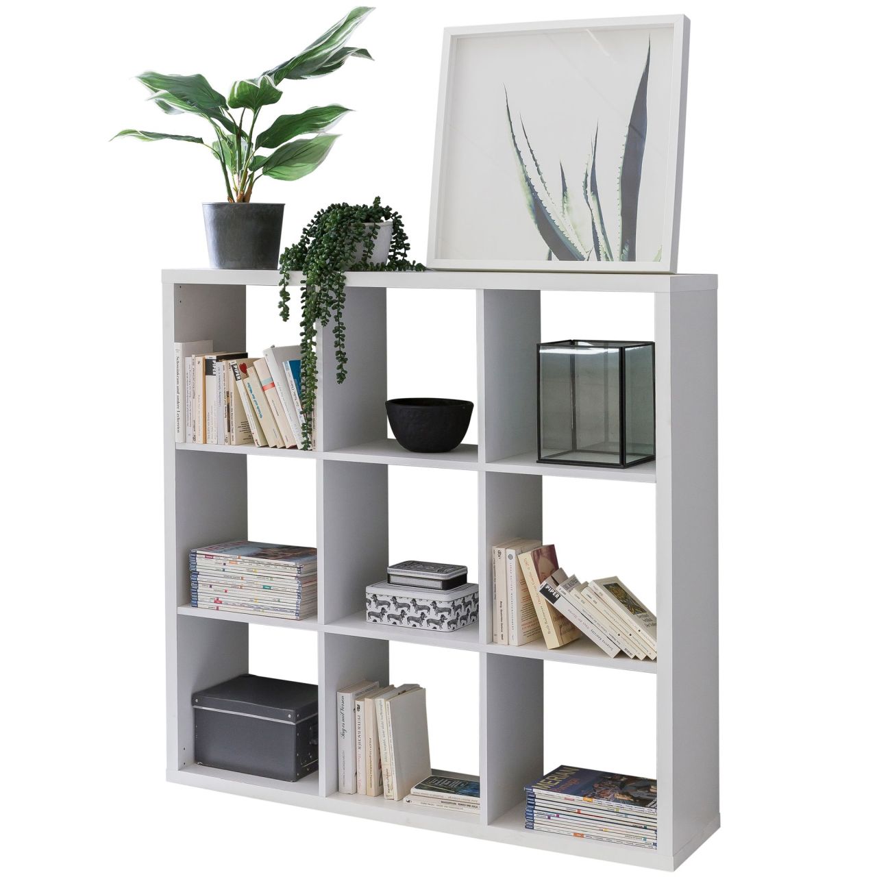 Würfelregal 112x29x112 cm Bücherregal mit 9 Fächern Weiß Standregal Holz Regal freistehend, Ordnerregal Raumteiler Würfel-Regal modern, Offenes Aufbewahrungsregal