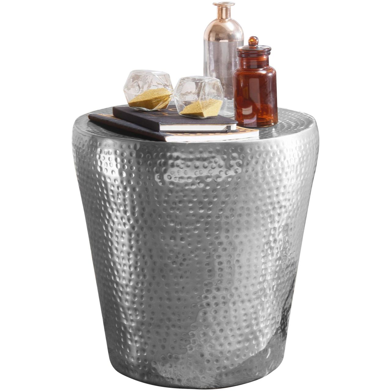 Beistelltisch 41x41x41cm Aluminium Silber Dekotisch orientalisch rund, Kleiner Hammerschlag Abstelltisch, Designer Ablagetisch Metall modern, Anstelltisch schmal