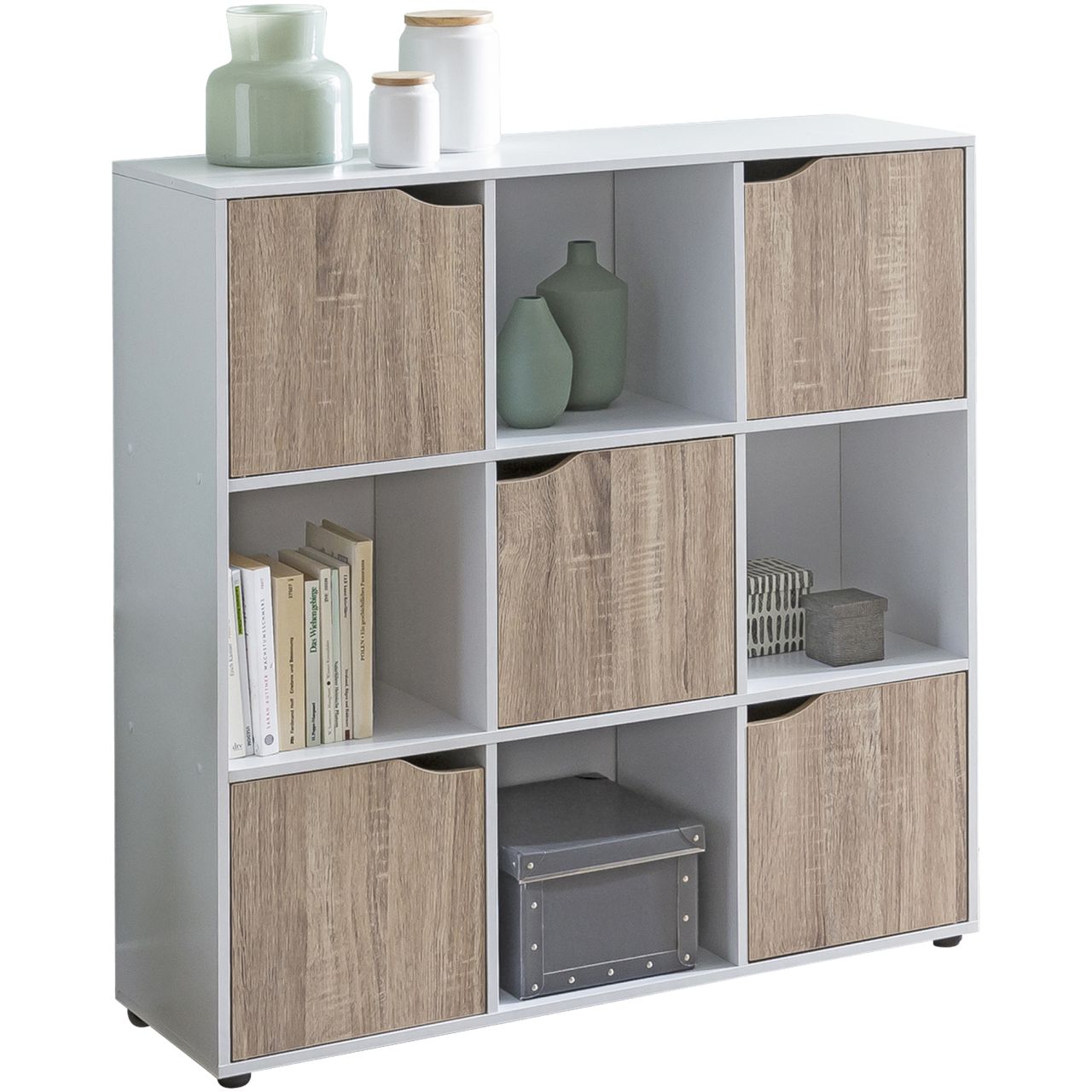 Sideboard MASSA 89 x 91 x 29 cm Bücherregal mit 9 Fächern Sonoma, Standregal mit 5 Türen, Modernes Würfelregal Raumteiler, Flurschrank offen, Cuberegal Kommode Wohnregal