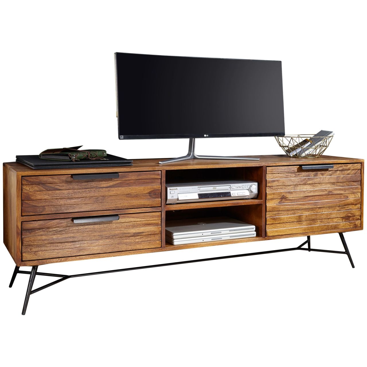 Lowboard NISHAN 160x54x40 cm Sheesham Massiv Holz, Design Hifi-Board mit Stauraum und Schubladen, Massivholz Fernsehschrank Wohnzimmer, Industrial Fernsehkommode mit Metallbeinen