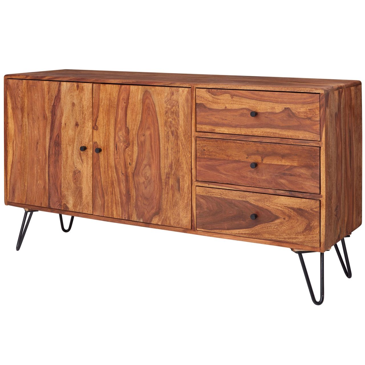 Sideboard WL5.629 Sheesham Massivholz 145x75x40 cm Landhaus Kommode, Design Anrichte mit 3 Schubladen & 2 Türen, Hohe Schubladenkommode Holz, Kommodenschrank Massiv Wohnzimmer