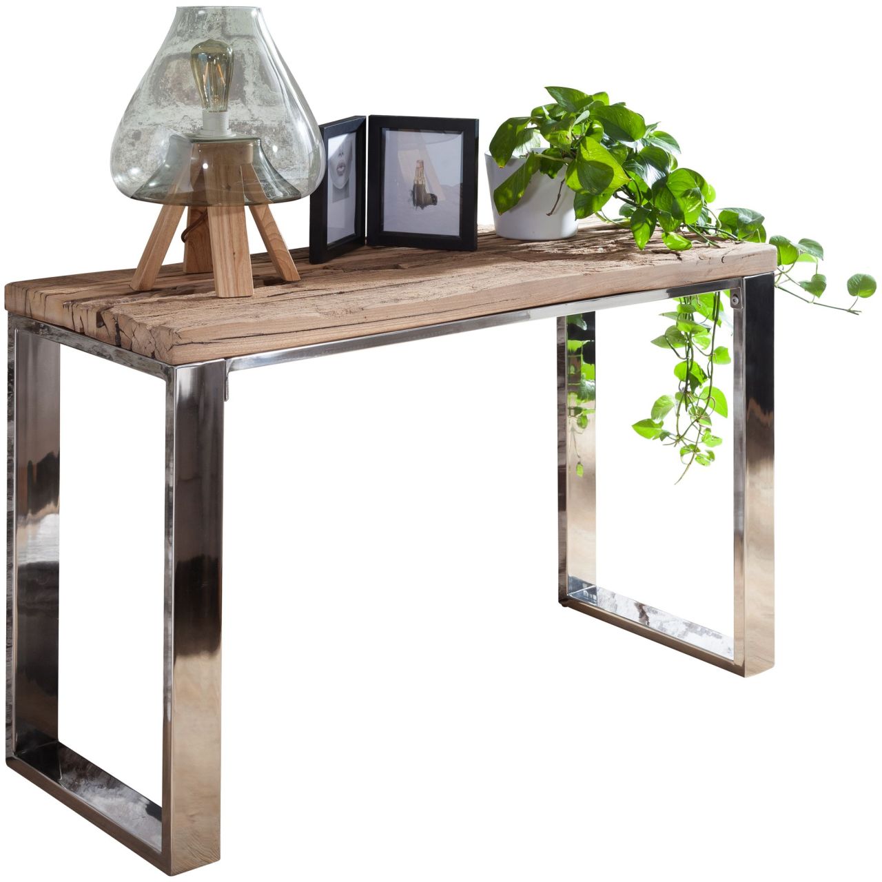 Konsolentisch 115x76x46 cm Massiv-Holz Akazie Natur, Konsole rustikal Wohnzimmer, Anrichte Flur Schmal, Schminktisch Industrial Style Echtholz