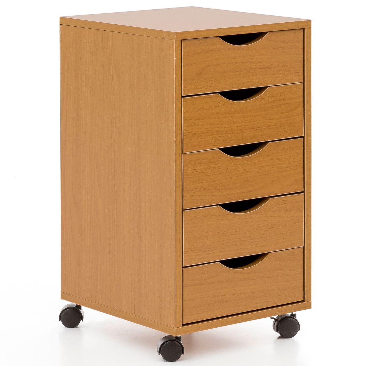 Rollcontainer WL5.924 33x64x38cm Buche MDF-Holz, Schreibtisch-Container Rollschrank 5 Schubladen, Moderner Schubladencontainer mit Rollen, Standcontainer Bürocontainer Beistellcontainer