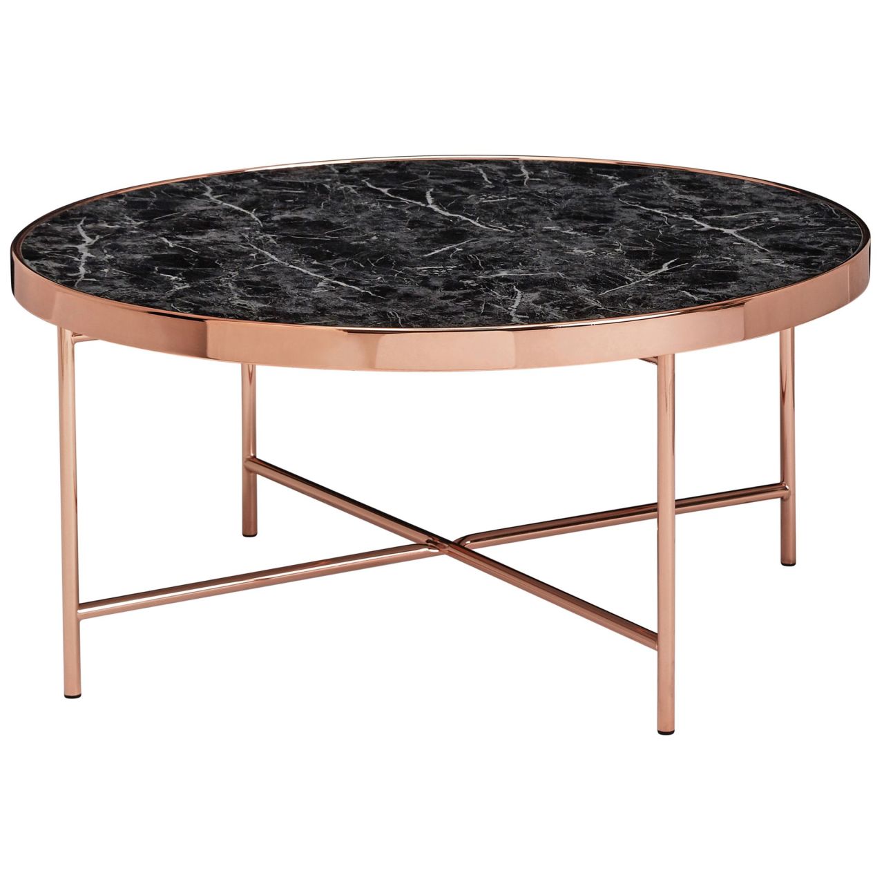 Design Couchtisch Marmor Optik Schwarz – Rund Ø82,5 cm mit Kupfer Metallgestell, Großer Wohnzimmertisch, Lounge Tisch