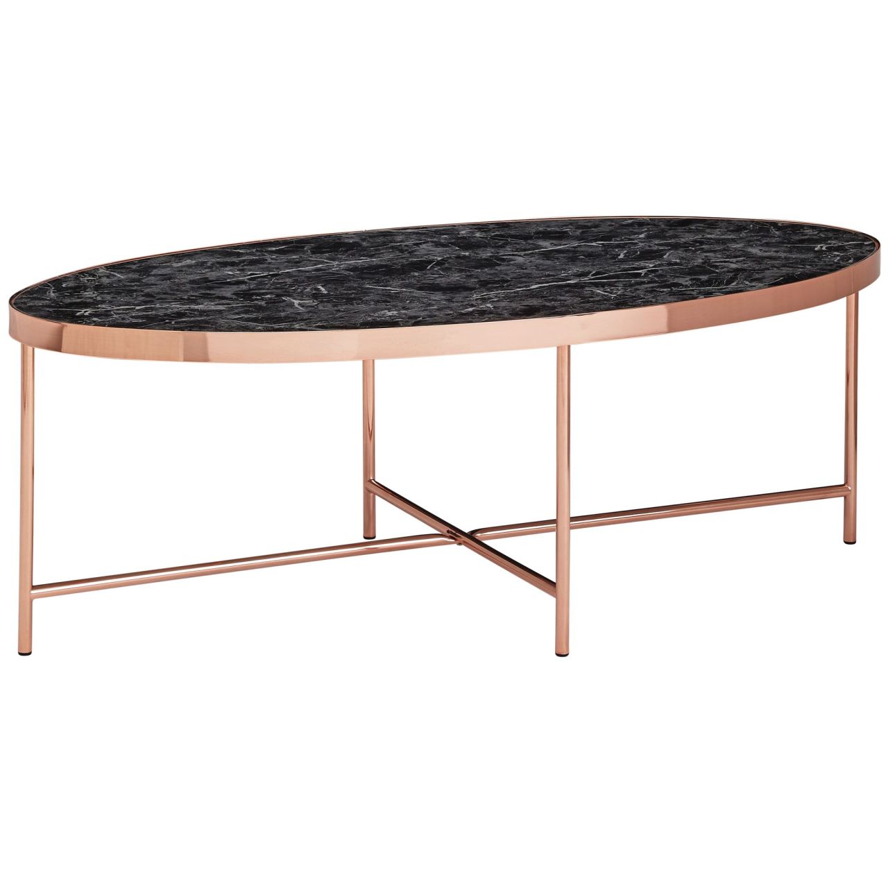 Design Couchtisch Marmor Optik Schwarz – Oval 110 x 56 cm mit Kupfer Metallgestell, Großer Wohnzimmertisch, Lounge Tisch