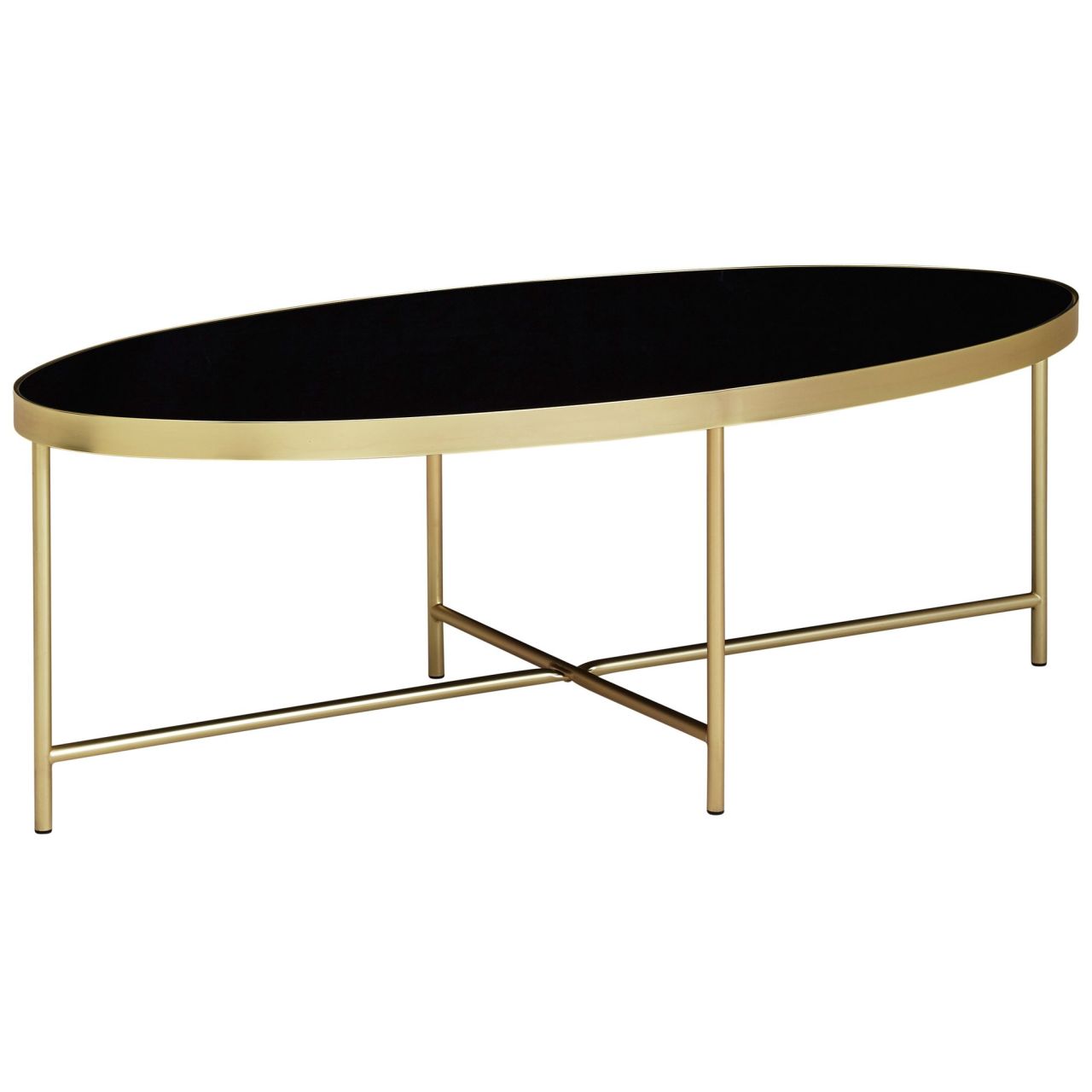 Design Couchtisch Glas Schwarz – Oval 110 x 56 cm mit Gold Metallgestell, Großer Wohnzimmertisch, Lounge Tisch Glastisch