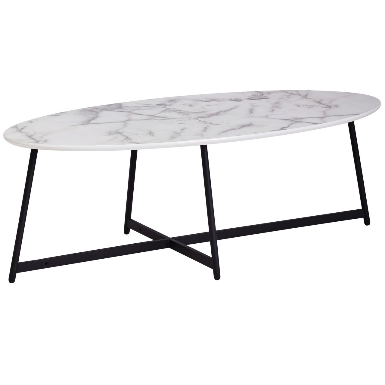 Design Couchtisch Oval 120×60 cm mit Marmor Optik Weiß, Wohnzimmertisch mit Metall-Beine Schwarz, Großer Beistelltisch