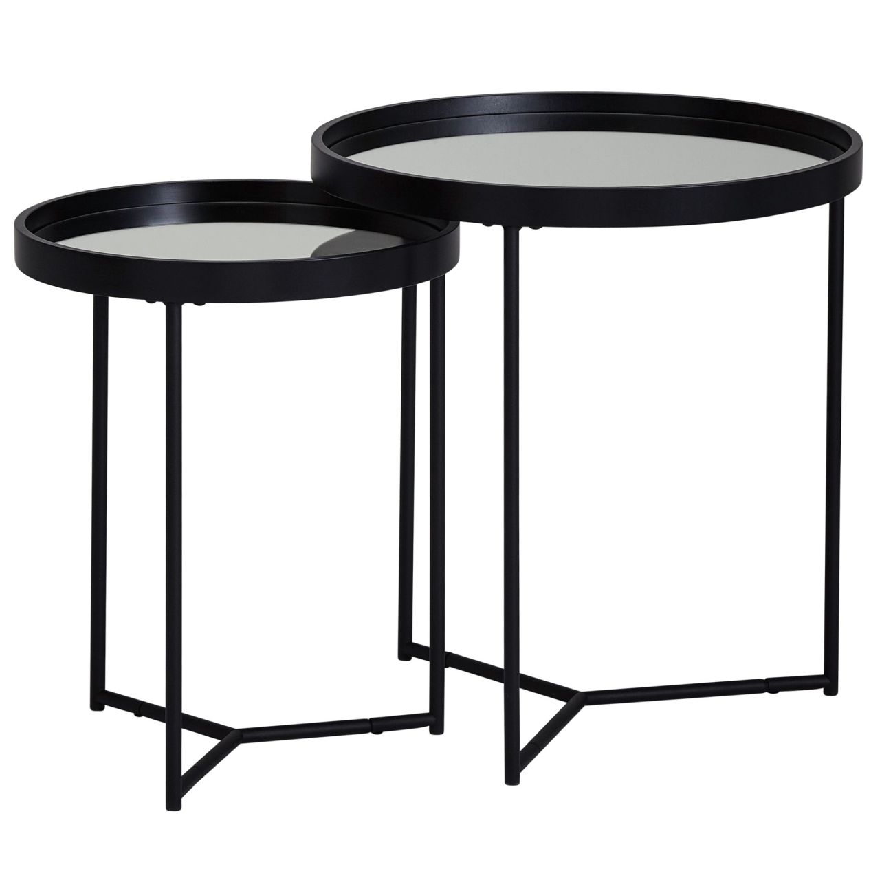 Design Beistelltisch Rund Ø 50/36 cm – 2 teilig Schwarz mit Spiegel Glasplatte, Wohnzimmertisch 2er Set, Satztisch verspiegelt, Couchtisch