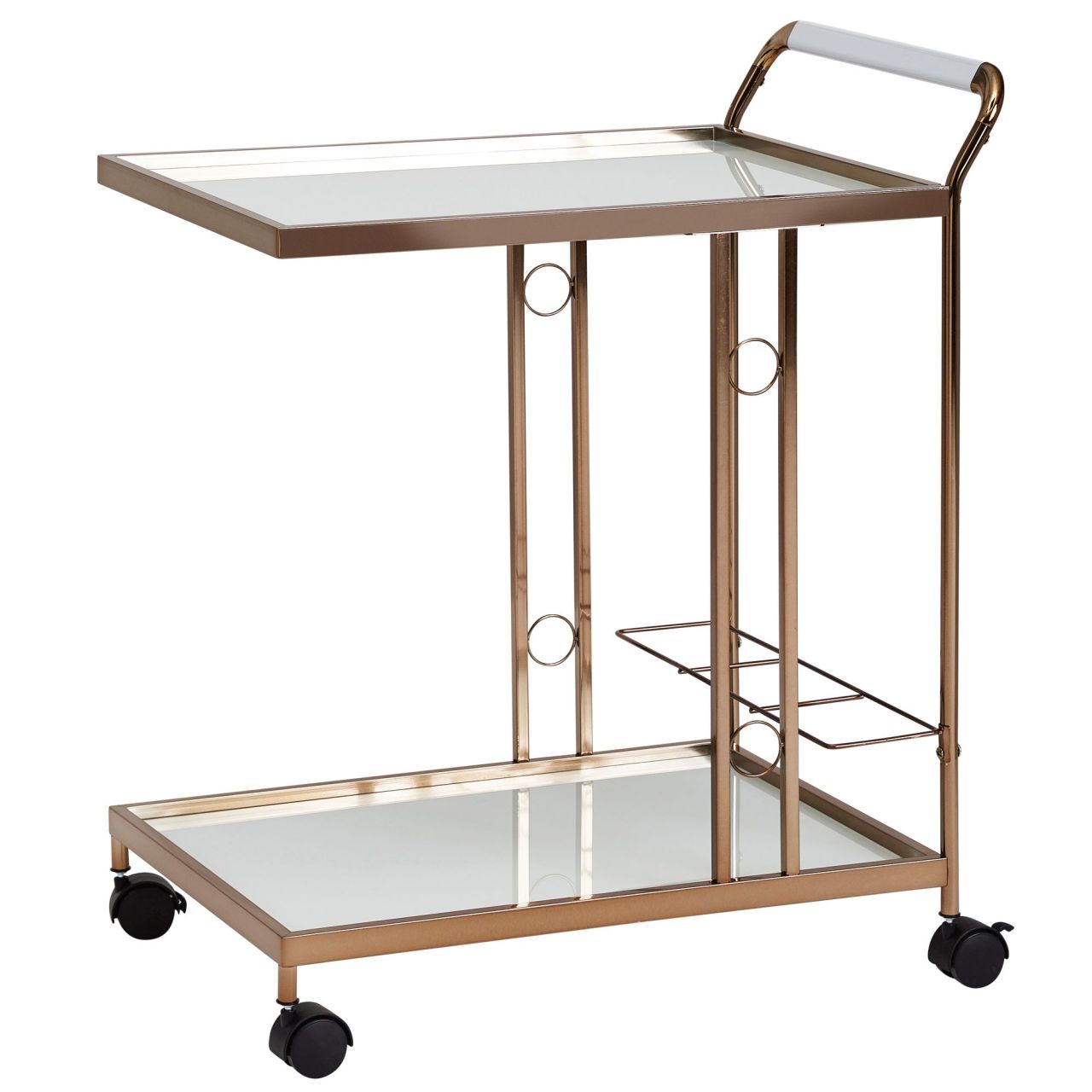 Design Servierwagen Gold 67x80x45 cm, Mobiler Beistelltisch, Speisewagen mit Glasplatte, Küchenwagen Milchglas, Teewagen, Mini Bar auf Rollen