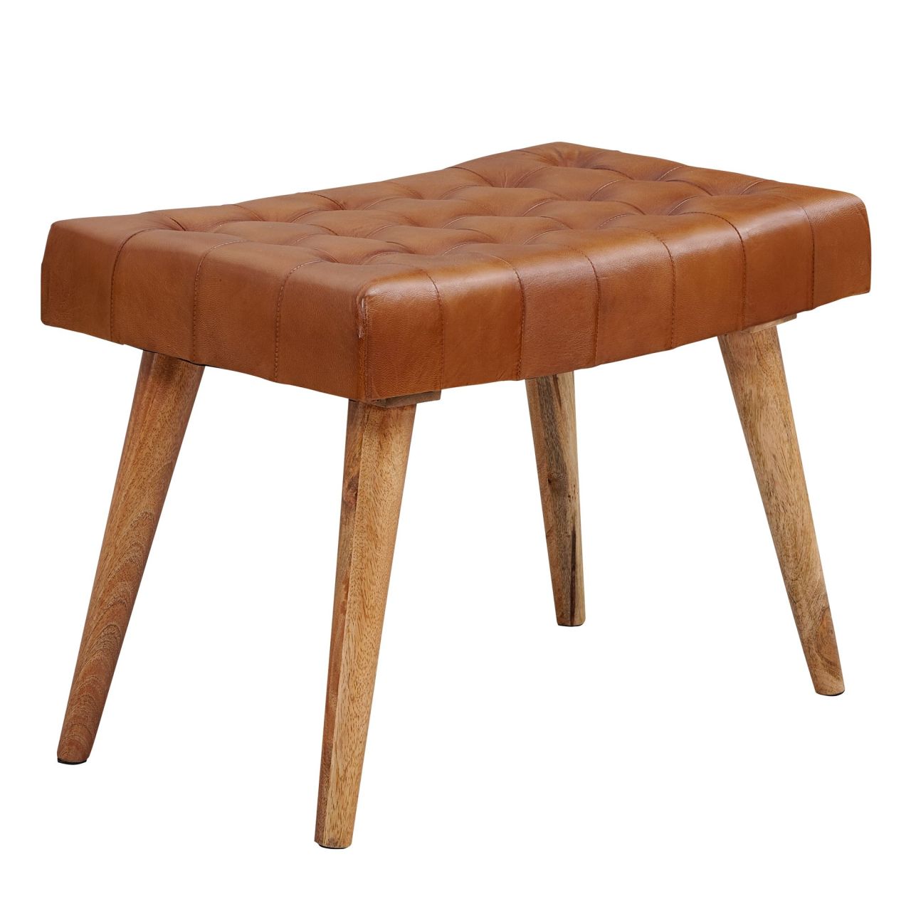 Sitzhocker 67x47x39 cm Mango Massivholz / Echtleder Chesterfield-Design, Lederhocker Braun, Beistellhocker Hocker ohne Lehne, Country Fußhocker