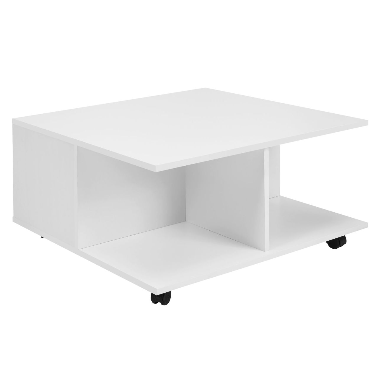 Design Couchtisch 70×70 cm Weiß, Wohnzimmertisch mit 2 Schubladen, Sofatisch mit Rollen, Tisch mit 2 Fächern