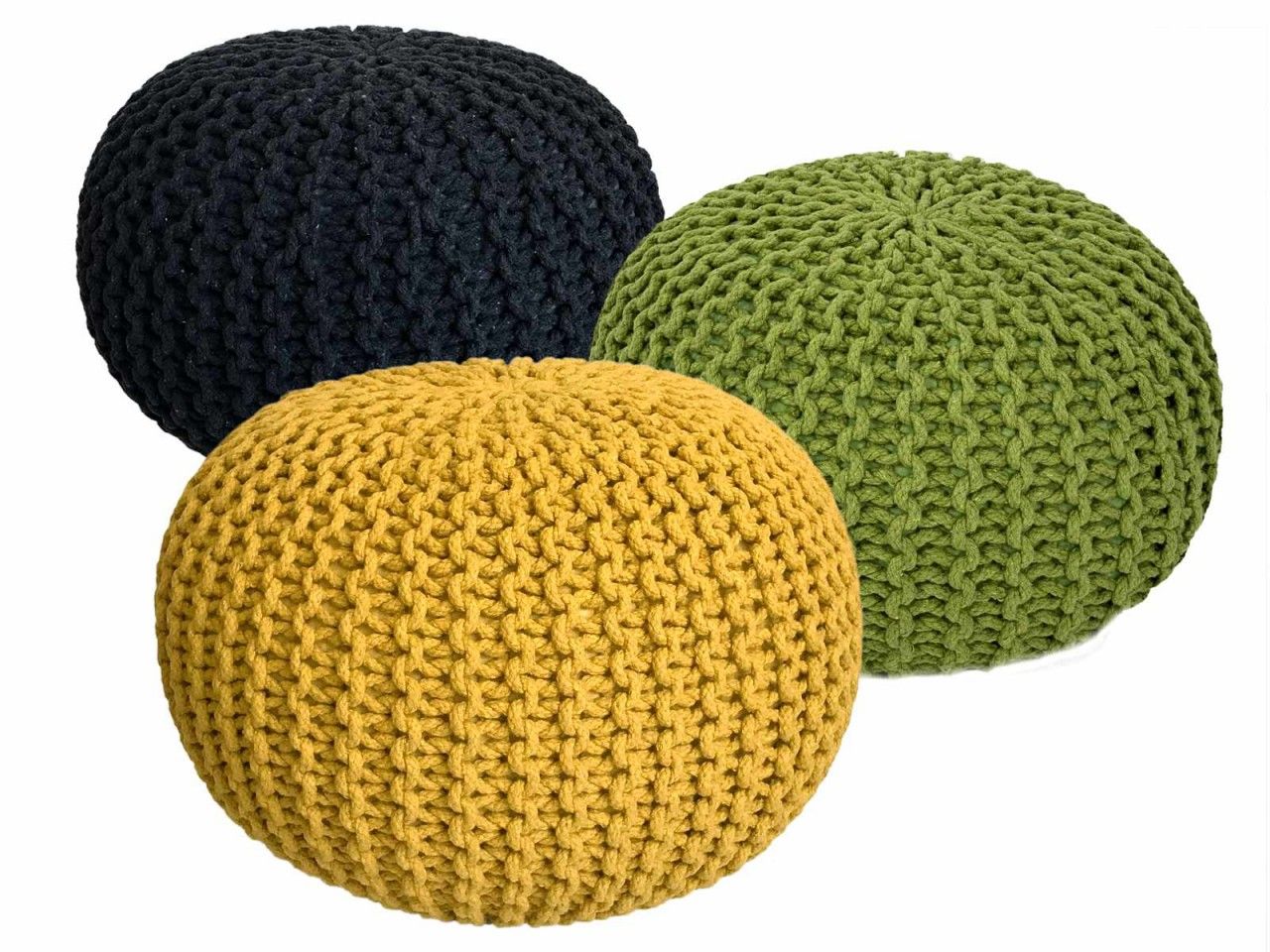 Pouf Set 3 Stück Ø 55 cm Bodenkissen Strickhocker Sitzhocker Sitzkissen Hocker nachhaltig Grobstrick anthrazit & neon & gelb