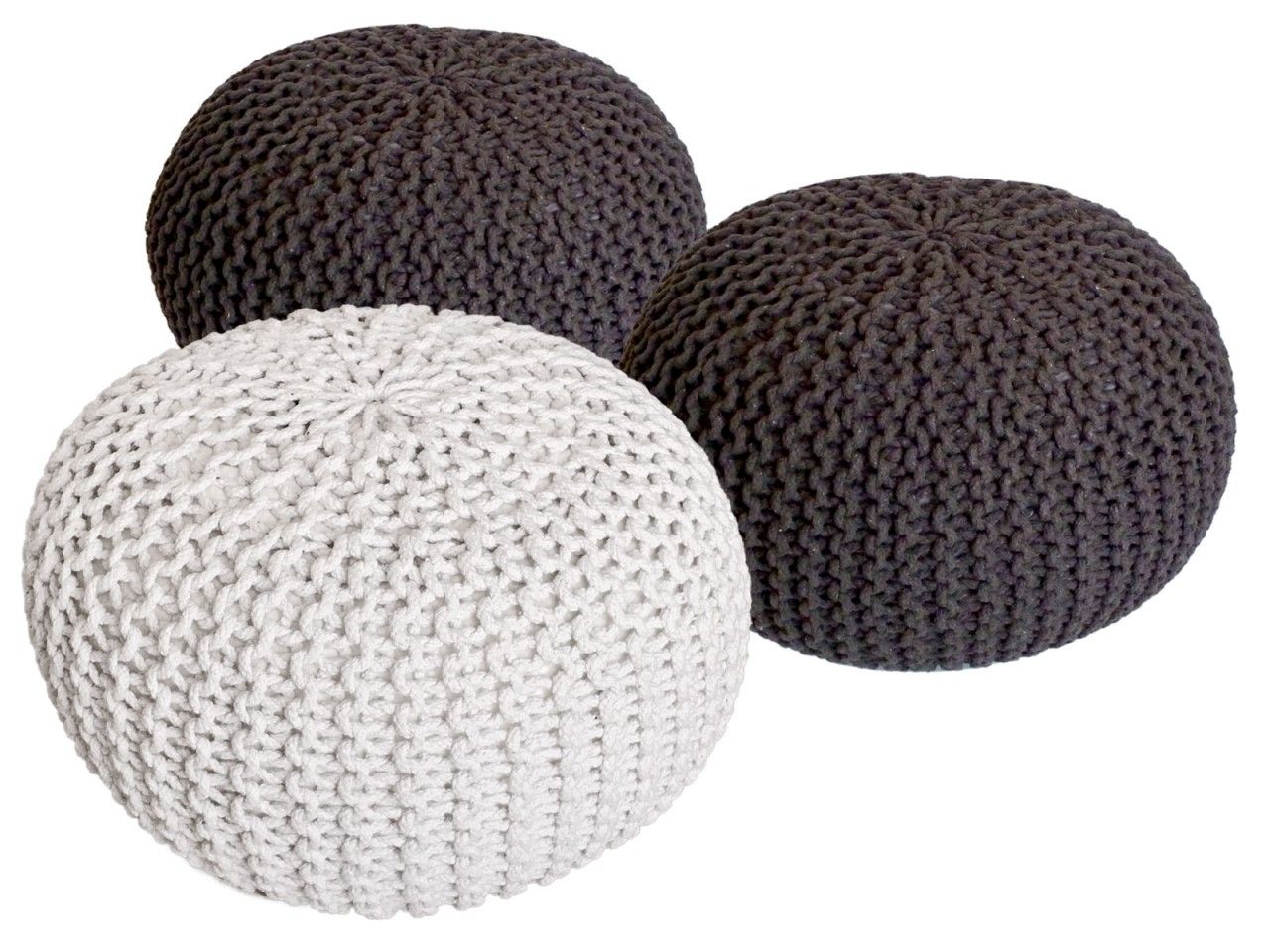 Pouf Set 3 Stück Ø 55 cm Bodenkissen Strickhocker Sitzhocker Sitzkissen Hocker nachhaltig Grobstrick braun & braun & weiß