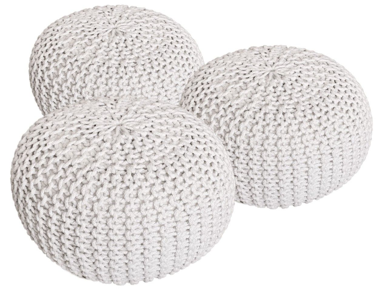 Pouf Set 3 Stück Ø 55 cm Bodenkissen Strickhocker Sitzhocker Sitzkissen Hocker nachhaltig Grobstrick weiß & weiß & weiß