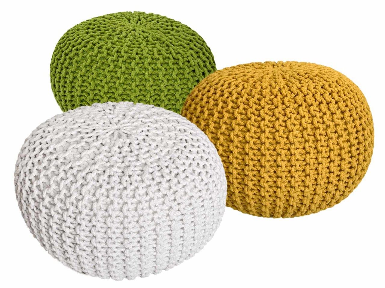 Pouf Set 3 Stück Ø 55 cm Bodenkissen Strickhocker Sitzhocker Sitzkissen Hocker nachhaltig Grobstrick neon & gelb & weiß