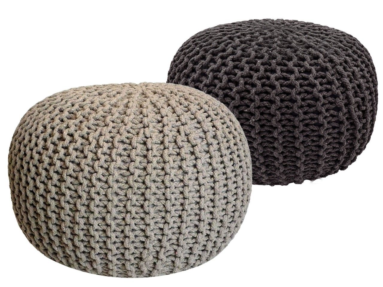 Sitzhocker Pouf SET 2 Stück Ø 55 cm H 37 cm Strickhocker Bodenkissen Grobstrick-Optik nachhaltig beige & grau