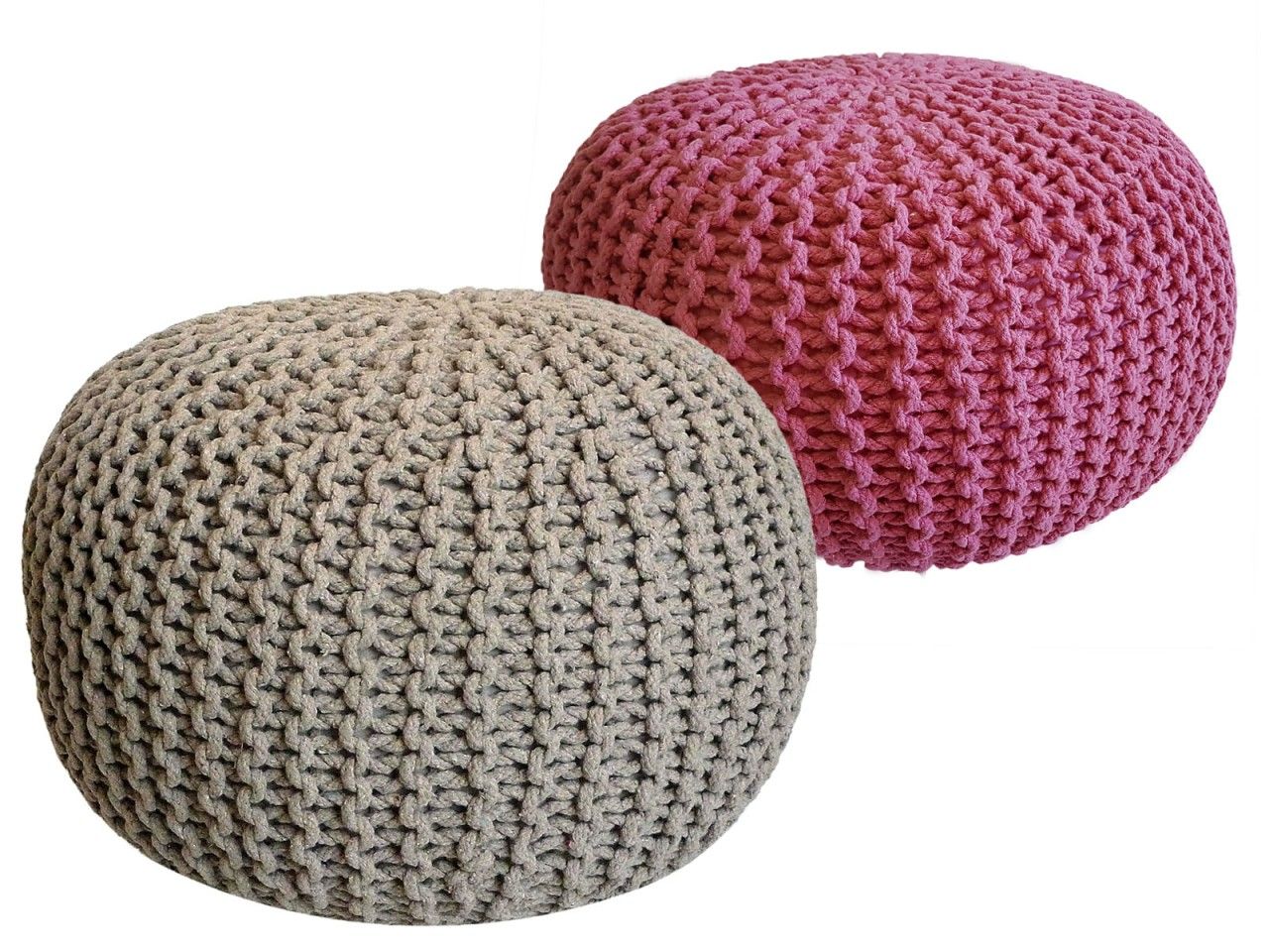 Sitzhocker Pouf SET 2 Stück Ø 55 cm H 37 cm Strickhocker Bodenkissen Grobstrick-Optik nachhaltig beige & pink