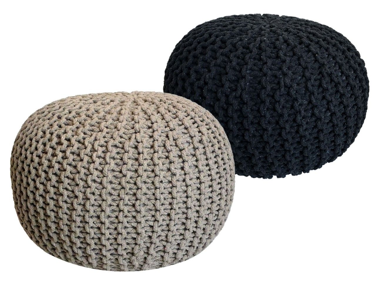 Sitzhocker Pouf SET 2 Stück Ø 55 cm H 37 cm Strickhocker Bodenkissen Grobstrick-Optik nachhaltig beige & anthrazit