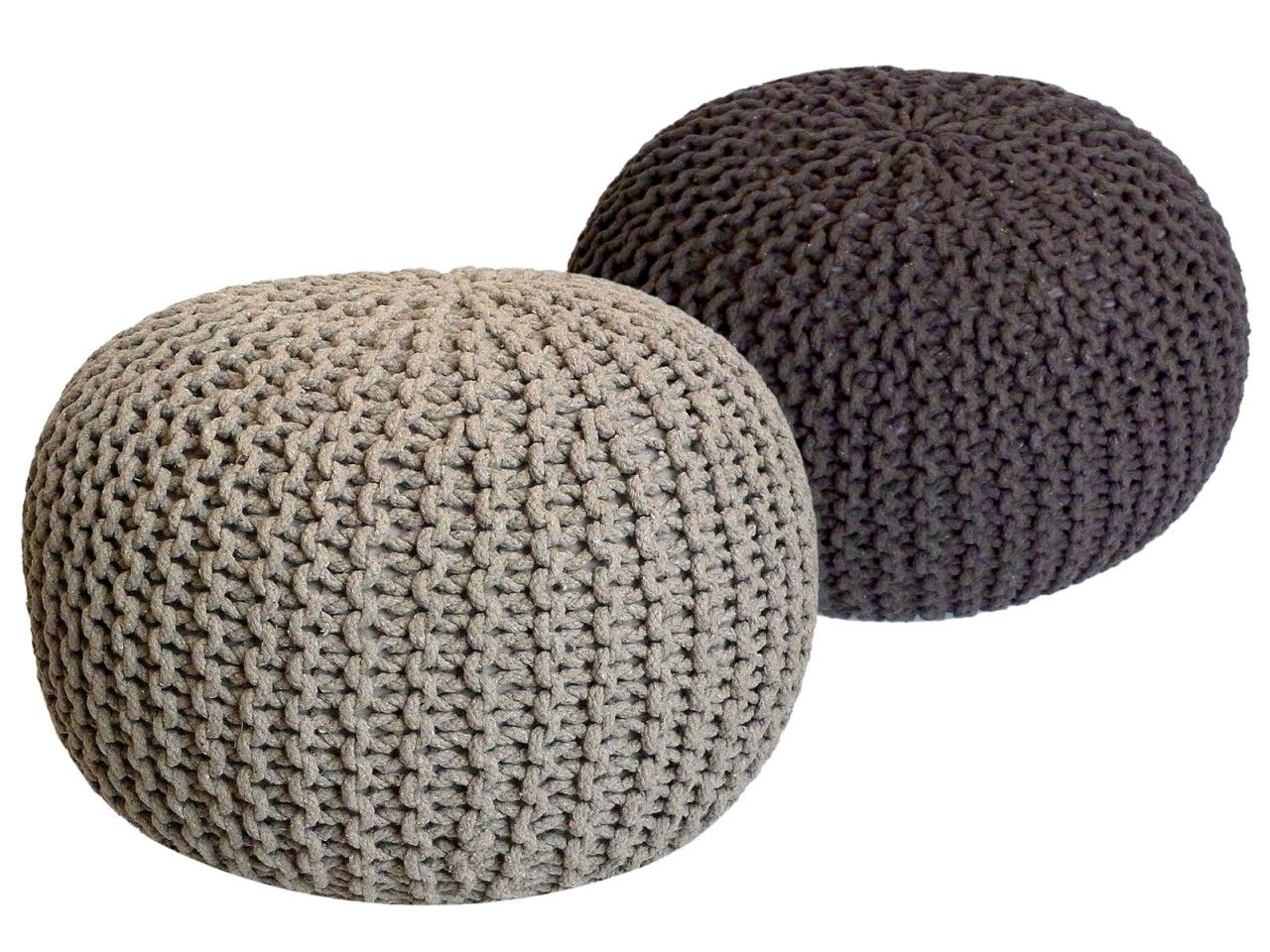 Sitzhocker Pouf SET 2 Stück Ø 55 cm H 37 cm Strickhocker Bodenkissen Grobstrick-Optik nachhaltig beige & zimt