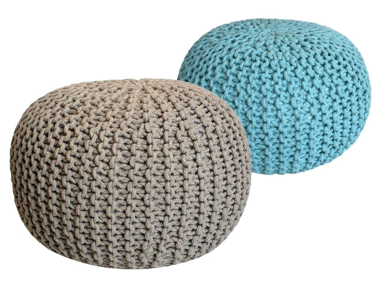 Sitzhocker Pouf SET 2 Stück Ø 55 cm H 37 cm Strickhocker Bodenkissen Grobstrick-Optik nachhaltig beige & mint