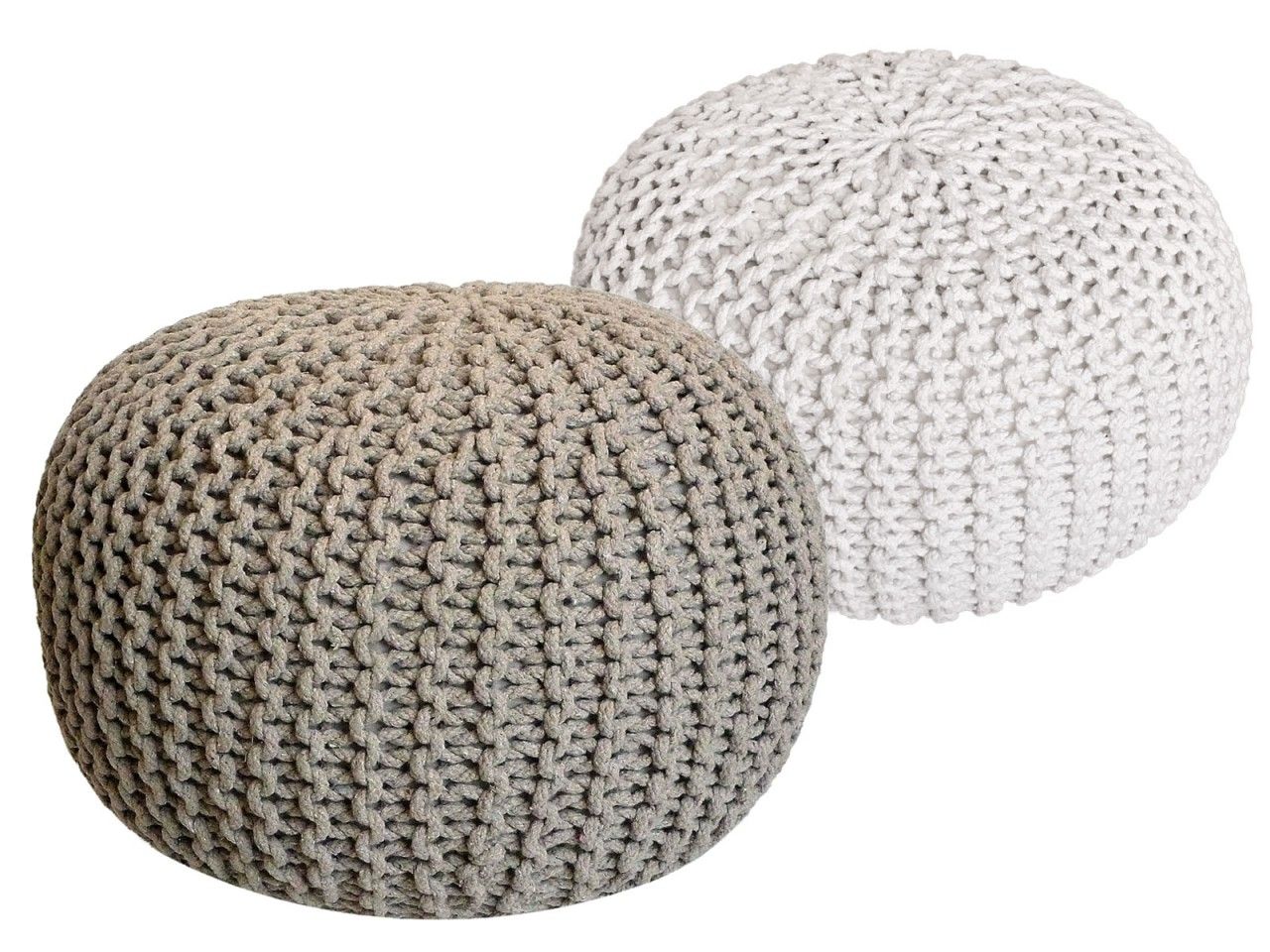 Sitzhocker Pouf SET 2 Stück Ø 55 cm H 37 cm Strickhocker Bodenkissen Grobstrick-Optik nachhaltig beige & weiß