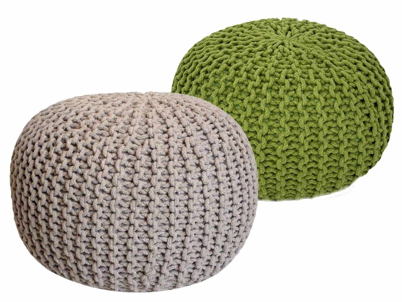 Sitzhocker Pouf SET 2 Stück Ø 55 cm H 37 cm Strickhocker Bodenkissen Grobstrick-Optik nachhaltig beige & neon