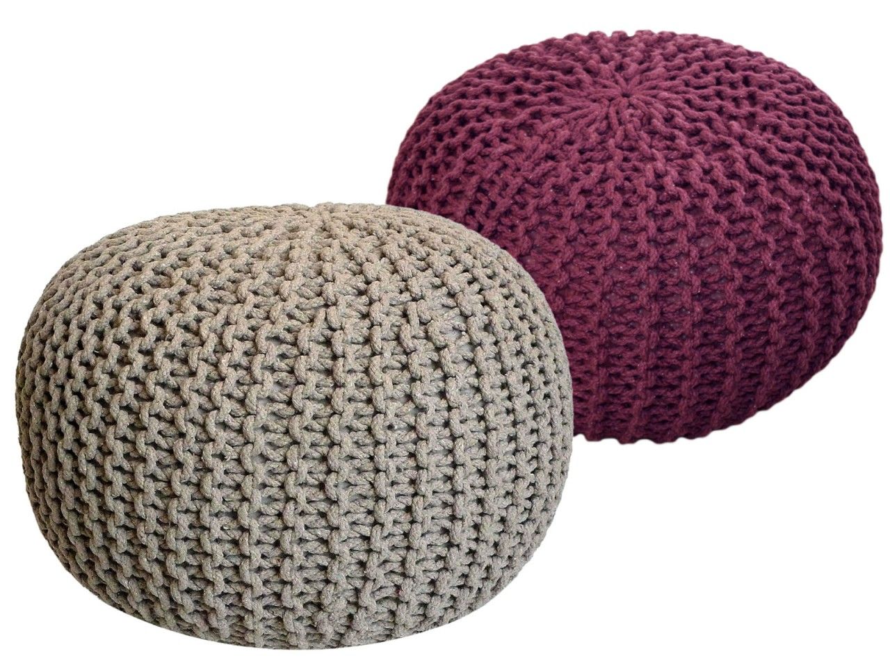 Sitzhocker Pouf SET 2 Stück Ø 55 cm H 37 cm Strickhocker Bodenkissen Grobstrick-Optik nachhaltig beige & bordeaux