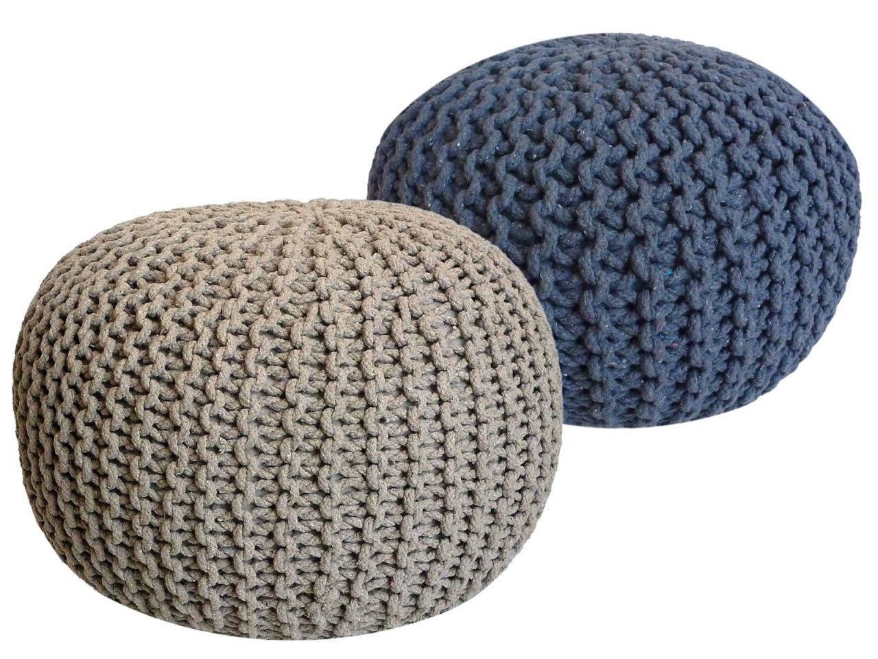 Sitzhocker Pouf SET 2 Stück Ø 55 cm H 37 cm Strickhocker Bodenkissen Grobstrick-Optik nachhaltig beige & blau