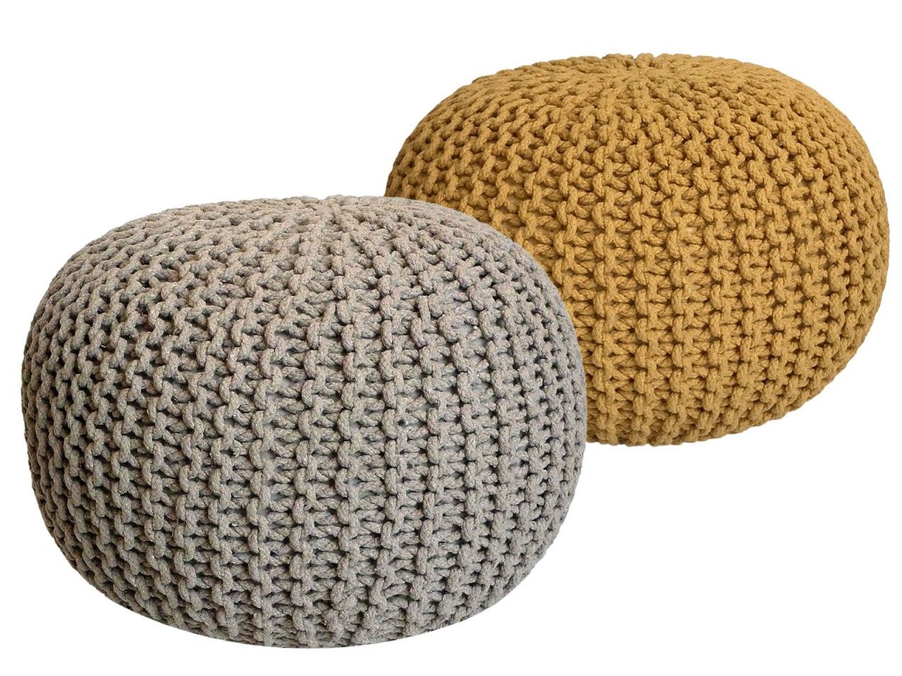 Sitzhocker Pouf SET 2 Stück Ø 55 cm H 37 cm Strickhocker Bodenkissen Grobstrick-Optik nachhaltig beige & gelb