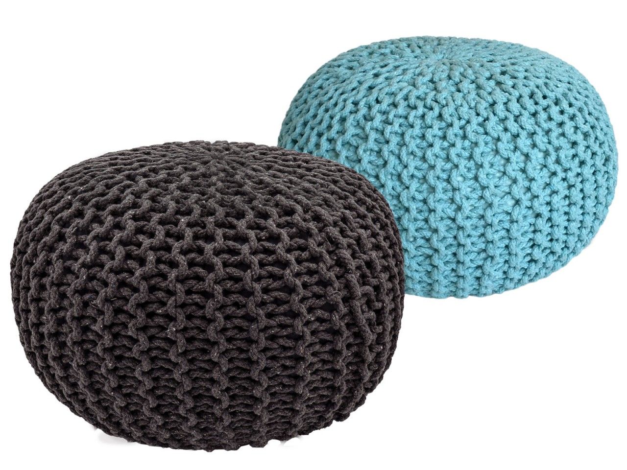 Sitzhocker Pouf SET 2 Stück Ø 55 cm H 37 cm Strickhocker Bodenkissen Grobstrick-Optik nachhaltig grau & mint