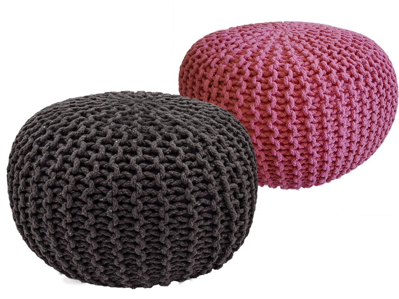 Sitzhocker Pouf SET 2 Stück Ø 55 cm H 37 cm Strickhocker Bodenkissen Grobstrick-Optik nachhaltig grau & pink