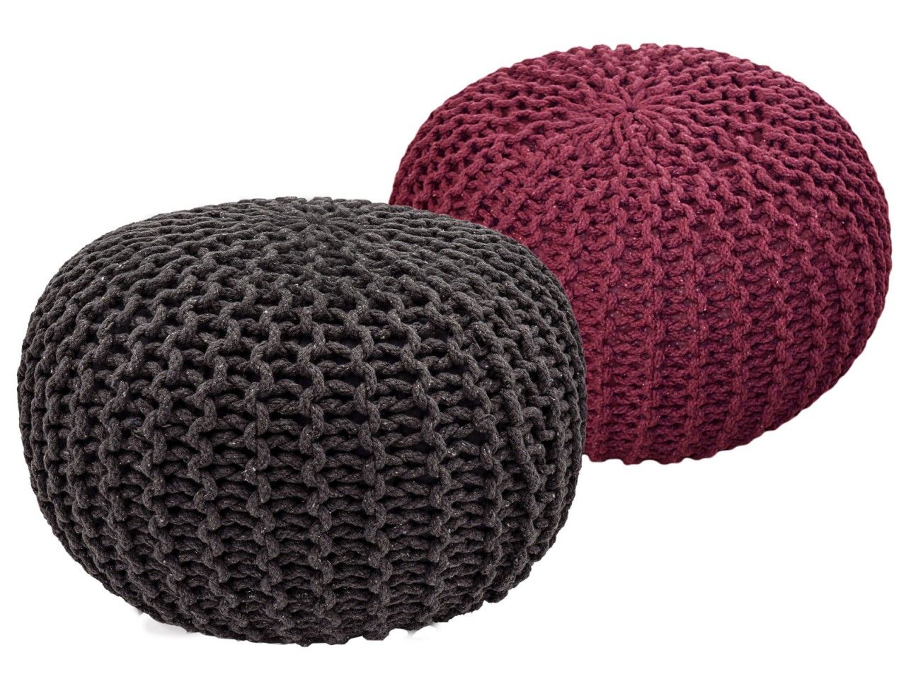 Sitzhocker Pouf SET 2 Stück Ø 55 cm H 37 cm Strickhocker Bodenkissen Grobstrick-Optik nachhaltig grau & bordeux