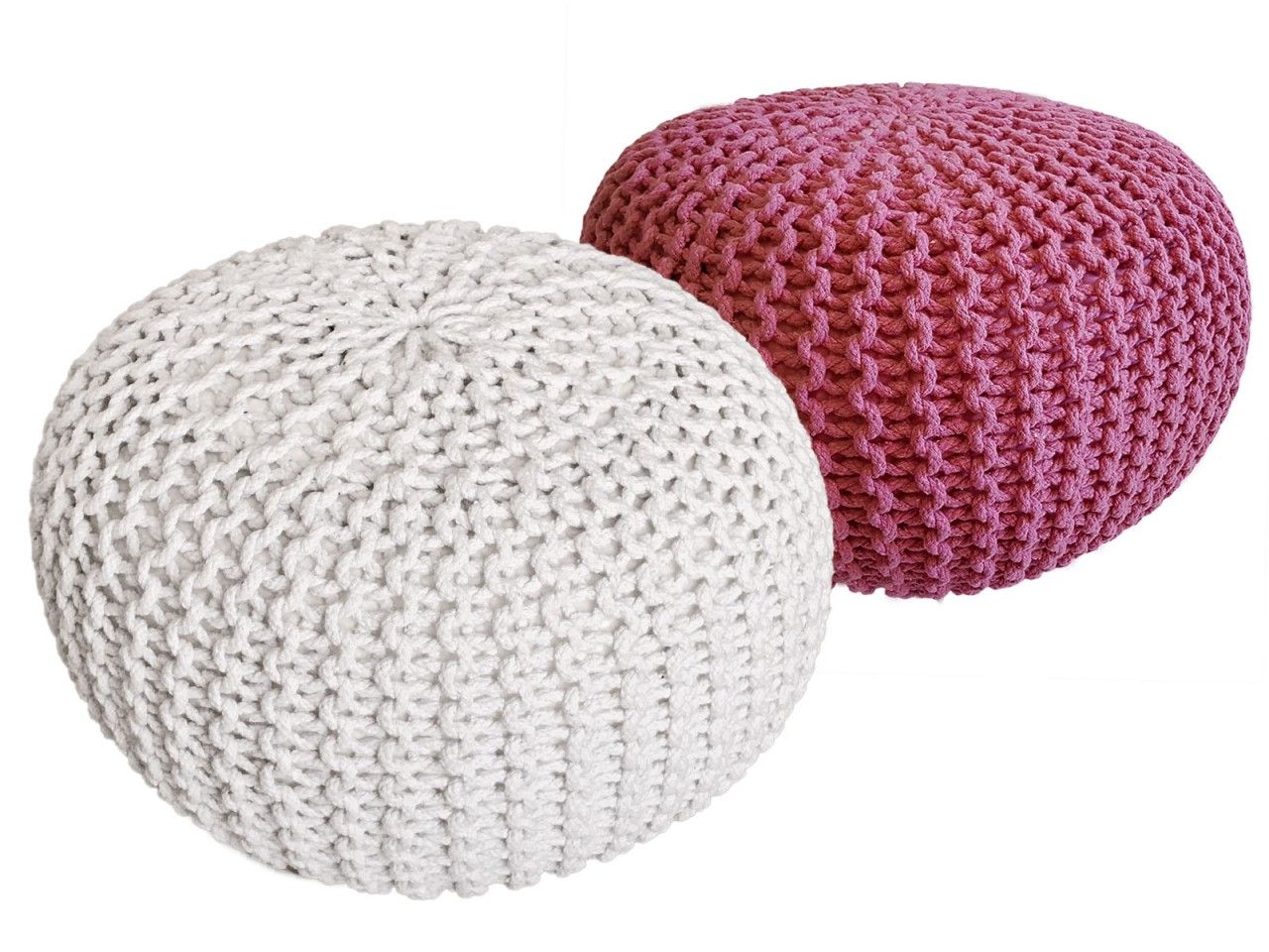 Sitzhocker Pouf SET 2 Stück Ø 55 cm H 37 cm Strickhocker Bodenkissen Grobstrick-Optik nachhaltig weiß & pink