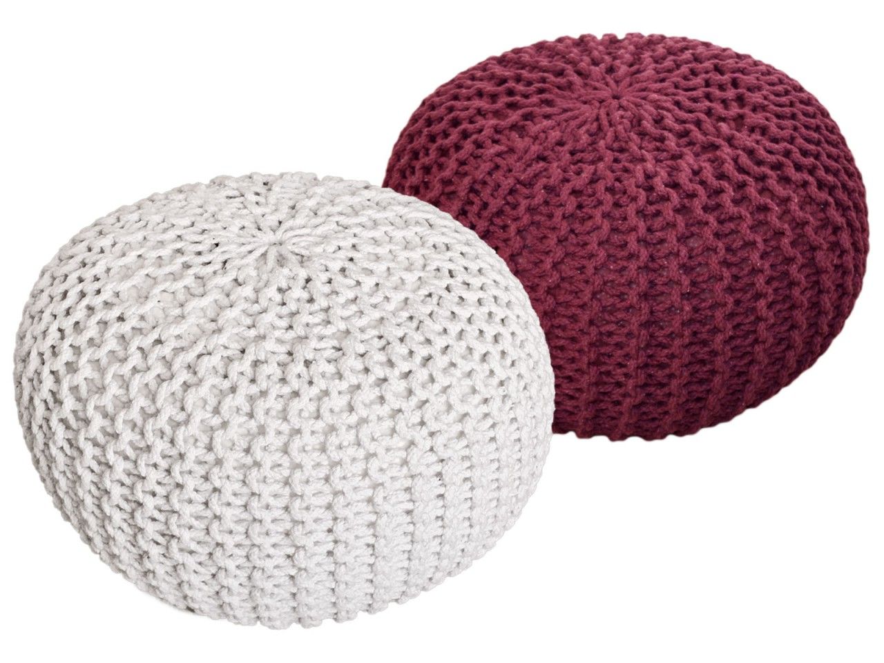 Sitzhocker Pouf SET 2 Stück Ø 55 cm H 37 cm Strickhocker Bodenkissen Grobstrick-Optik nachhaltig weiß & bordeux