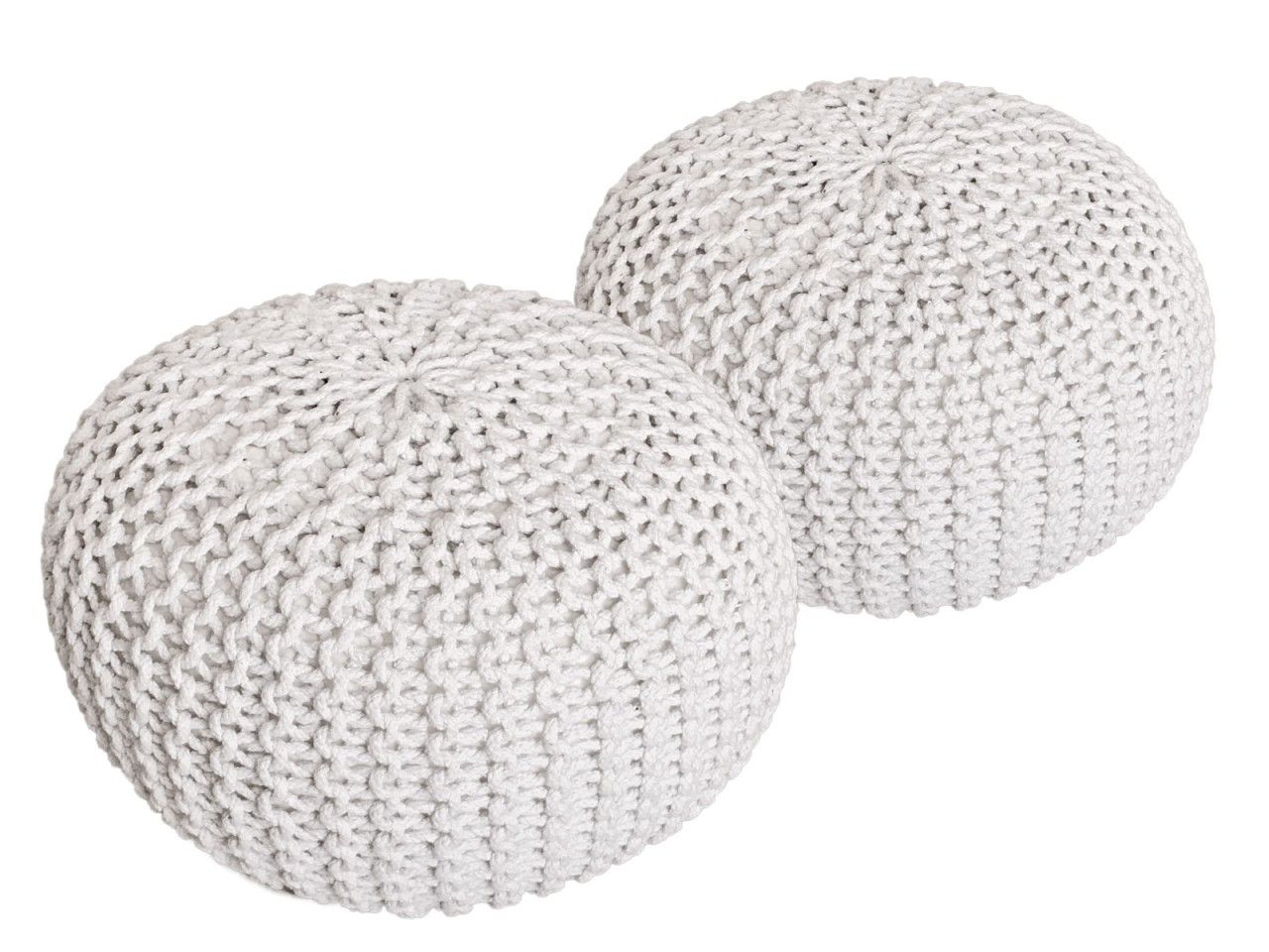 Sitzhocker Pouf SET 2 Stück Ø 55 cm H 37 cm Strickhocker Bodenkissen Grobstrick-Optik nachhaltig weiß & weiß