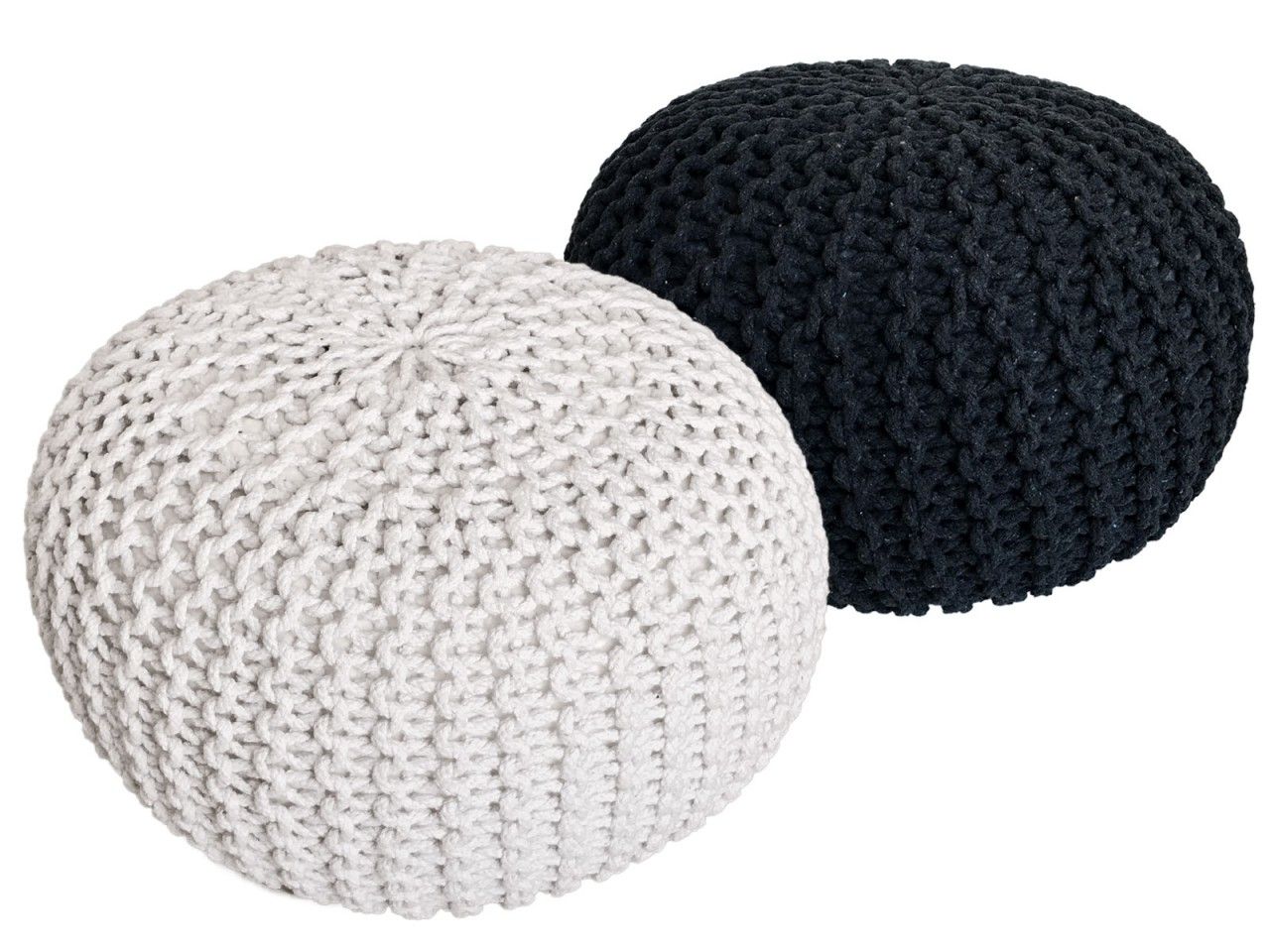 Sitzhocker Pouf SET 2 Stück Ø 55 cm H 37 cm Strickhocker Bodenkissen Grobstrick-Optik nachhaltig weiß & anthrazit