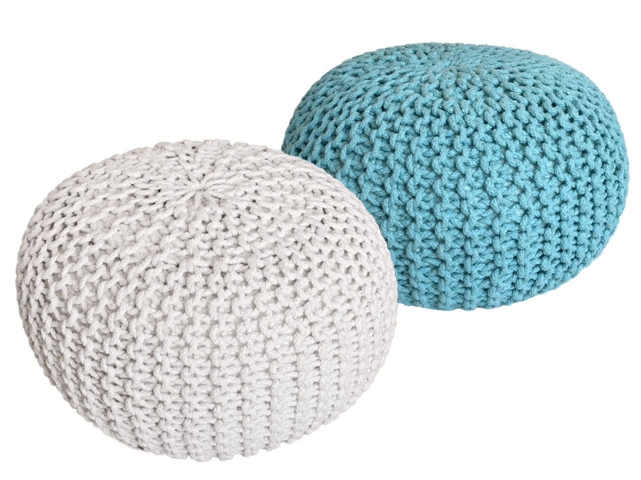 Sitzhocker Pouf SET 2 Stück Ø 55 cm H 37 cm Strickhocker Bodenkissen Grobstrick-Optik nachhaltig weiß & mint