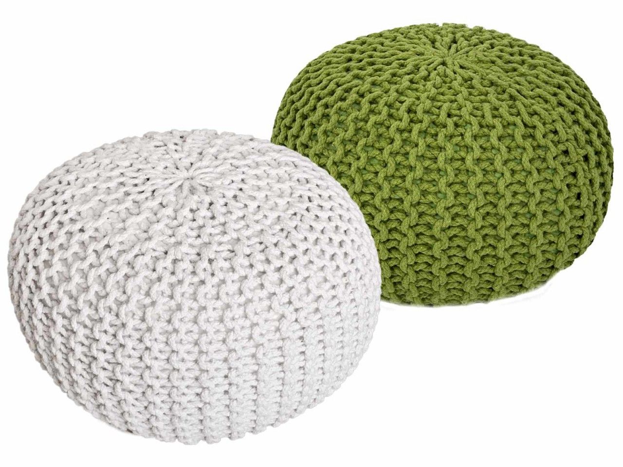 Sitzhocker Pouf SET 2 Stück Ø 55 cm H 37 cm Strickhocker Bodenkissen Grobstrick-Optik nachhaltig weiß & neon