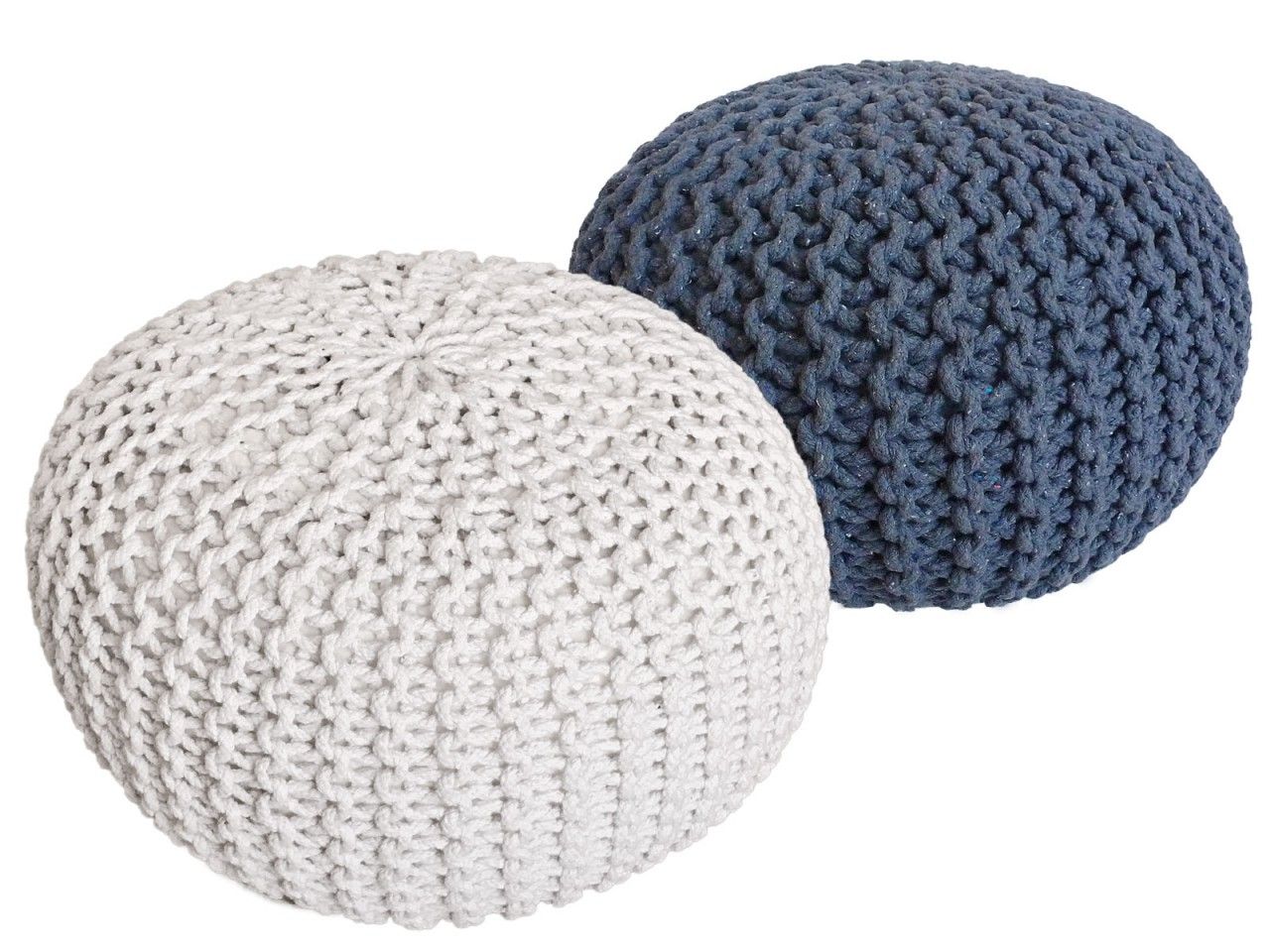 Sitzhocker Pouf SET 2 Stück Ø 55 cm H 37 cm Strickhocker Bodenkissen Grobstrick-Optik nachhaltig weiß & blau