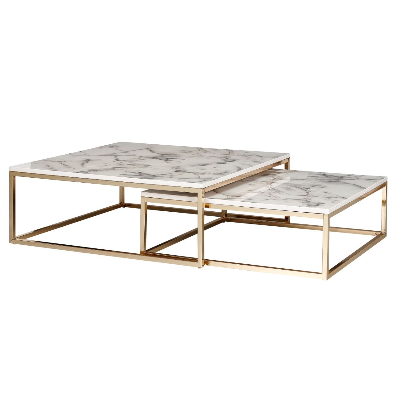 Design Couchtisch 2er Set Weiß Marmor Optik Eckig, Couchtische 2-teilig Tischgestell Metall Gold, Edle Wohnzimmertische, Moderne Satztische