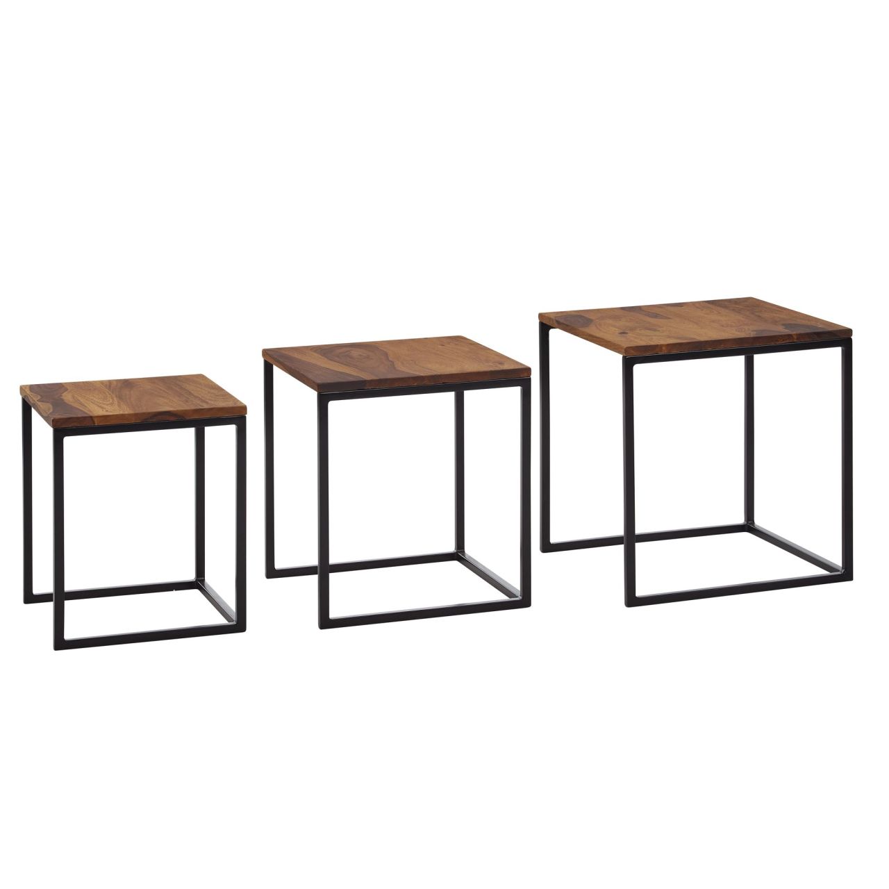 Satztisch 3er Set Sheesham Massivholz / Metall Beistelltisch Eckig Modern, Design Couchtisch 3-teilig, Wohnzimmertisch Platzsparend, Holztisch Kaffeetisch Wohnzimmer