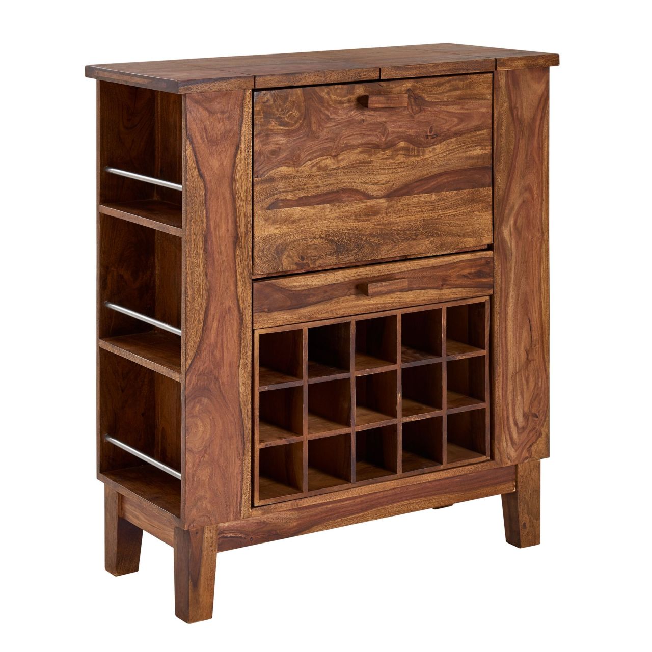 Hausbar Sheesham Massivholz 88x102x40 cm Weinbar ausklappbar, Spirituosenschrank mit Aufbewahrung für Flaschen und Gläser, Barschrank mit Tür, Getränkeschrank modern