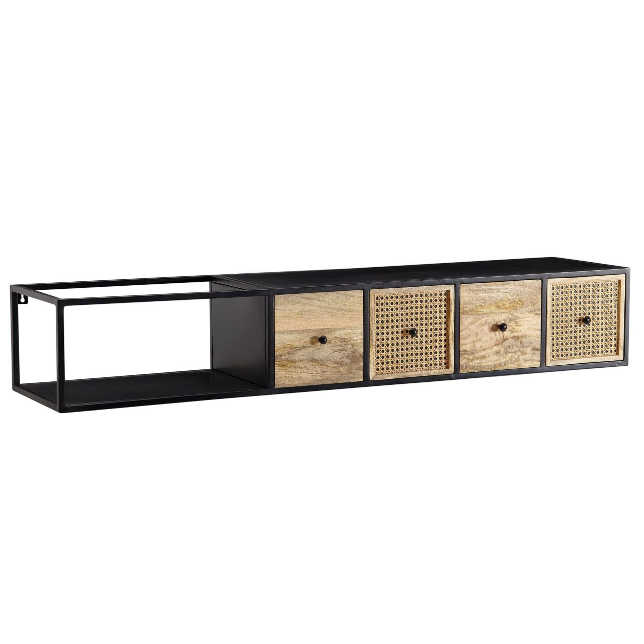 Lowboard Hängend Mango Massivholz / Metall 150x25x35 cm TV-Schrank Schwarz, Design Fernsehtisch Wiener Geflecht Modern, Fernsehschrank Wand, TV-Kommode Fernsehkommode zum Aufhängen