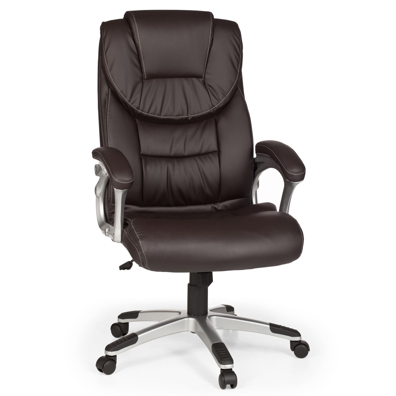 Bürostuhl Madrid Kunstleder Braun ergonomisch mit Kopfstütze, Design Chefsessel Schreibtischstuhl mit Wippfunktion, Drehstuhl hohe Rücken-Lehne X-XL 120 kg